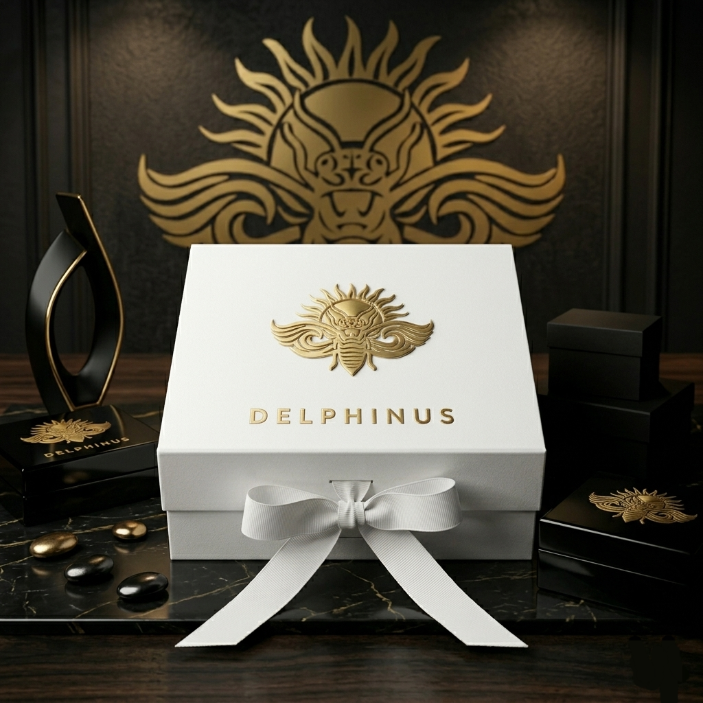 Coffret cadeau DELPHINUS fermé coloris Blanc Pur — boîte rigide magnétique blanche avec logo cigale dorée en relief, ruban satiné, packaging cadeau élégant et luxueux