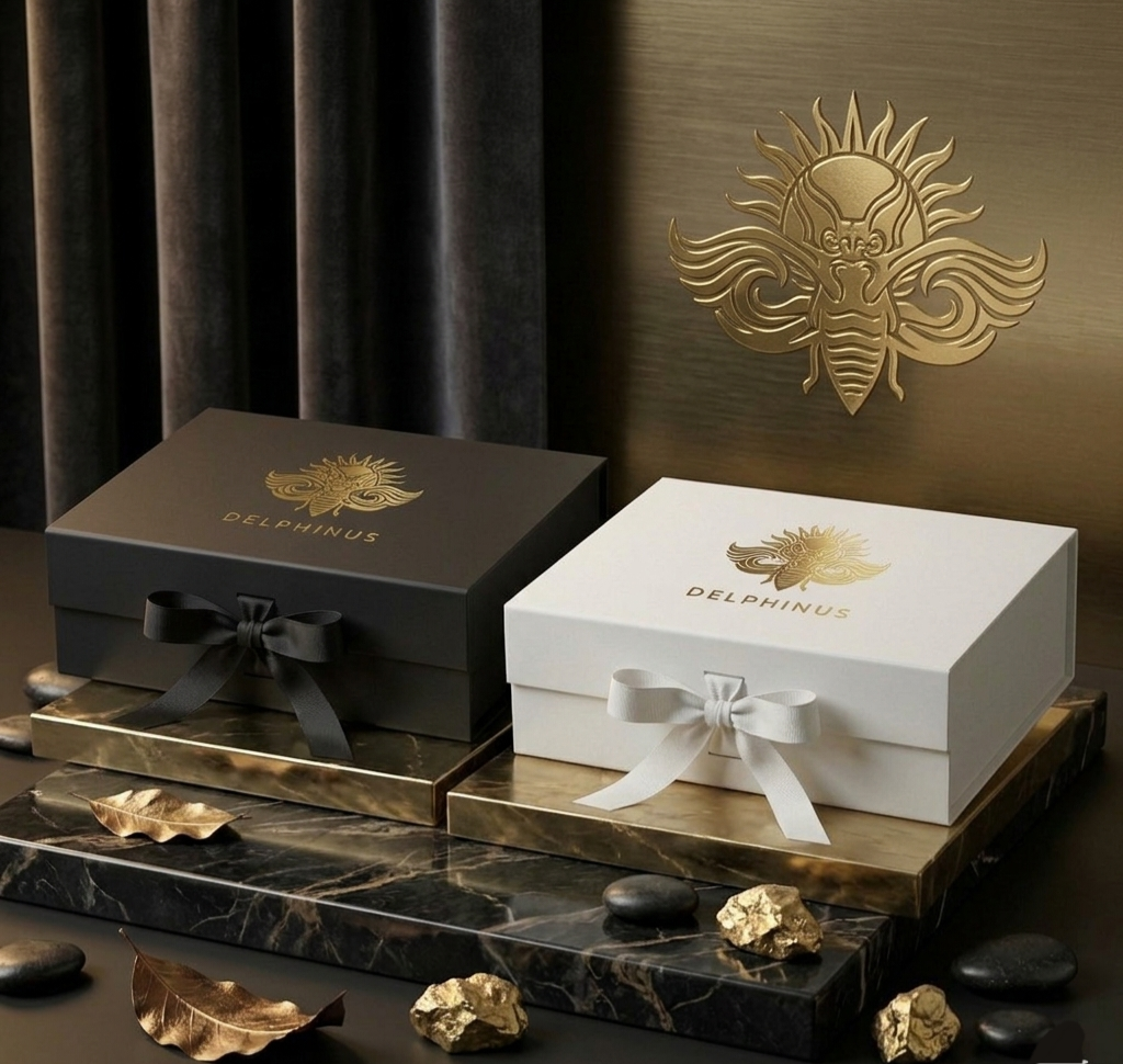 Coffret cadeau DELPHINUS fermé coloris Nuit Noire et Or — boîte rigide magnétique noire avec logo cigale dorée en relief, présenté sur marbre noir avec décorations dorées, packaging luxe premium