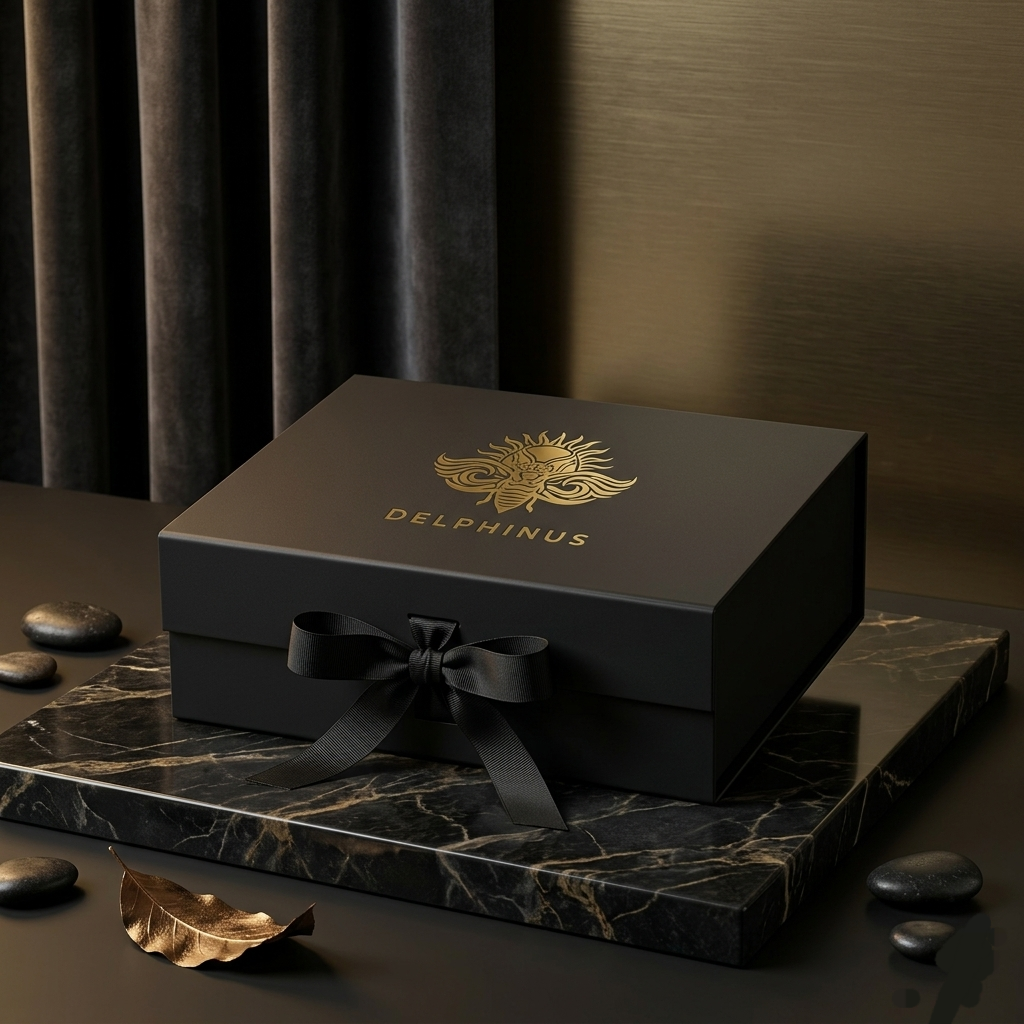 Gros plan sur l'estampille dorée DELPHINUS — logo cigale or en relief sur couvercle de boîte rigide noire mate, détail finition premium maison de luxe