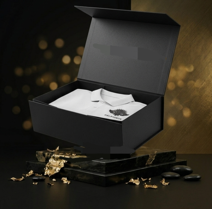 Mise en scène cadeau DELPHINUS — coffret noir et or fermé avec ruban satiné noué, ambiance luxe et élégance, idée cadeau premium pour homme et femme
