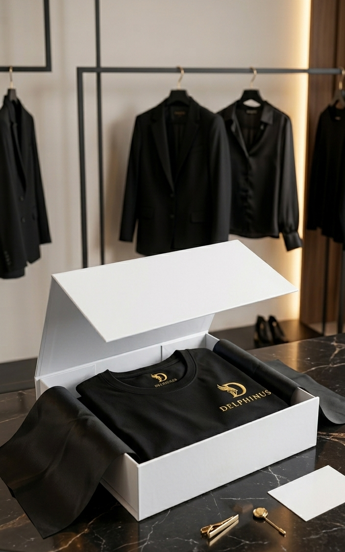 Coffret cadeau DELPHINUS ouvert révélant un intérieur soigné avec papier de soie premium et ruban satiné, boîte rigide noire logo or, présentation cadeau haut de gamme