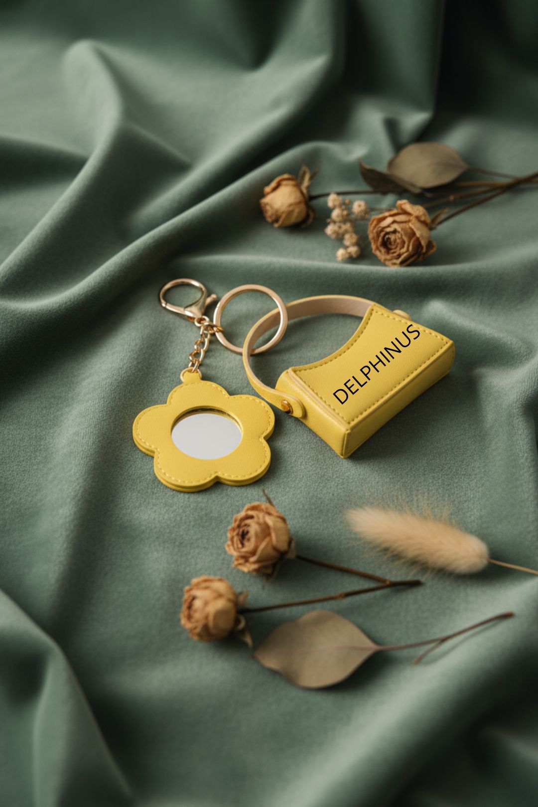 LE MIMOSA – Bijou de sac jaune fleur miroir et mini sac, posé sur velours vert sauge avec fleurs séchées, DELPHINUS