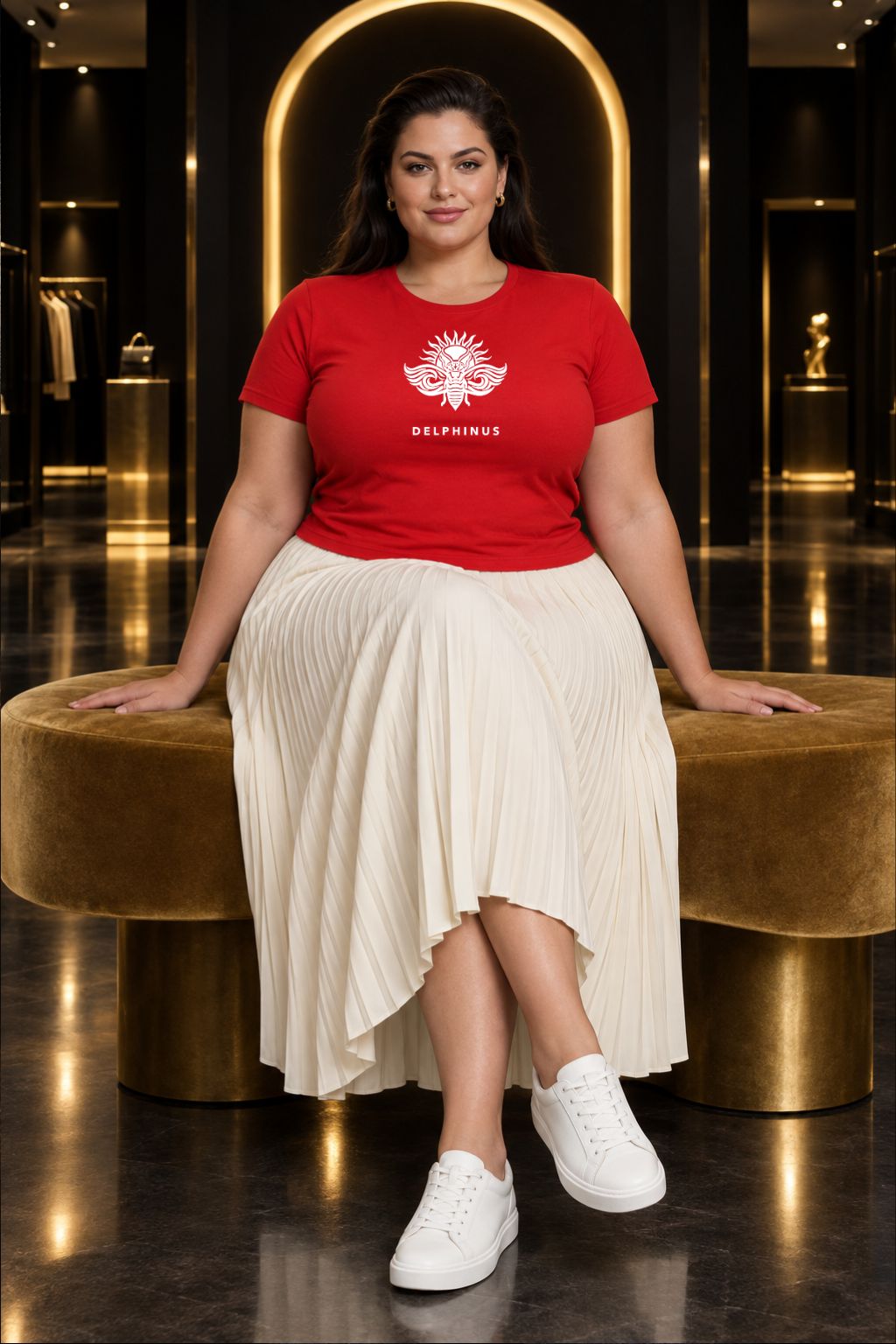 L'INTEMPOREL CURVE – femme curve portant le tee-shirt unisexe rouge au logo blanc avec une jupe midi crème, banquette dorée, ambiance premium, DELPHINUS