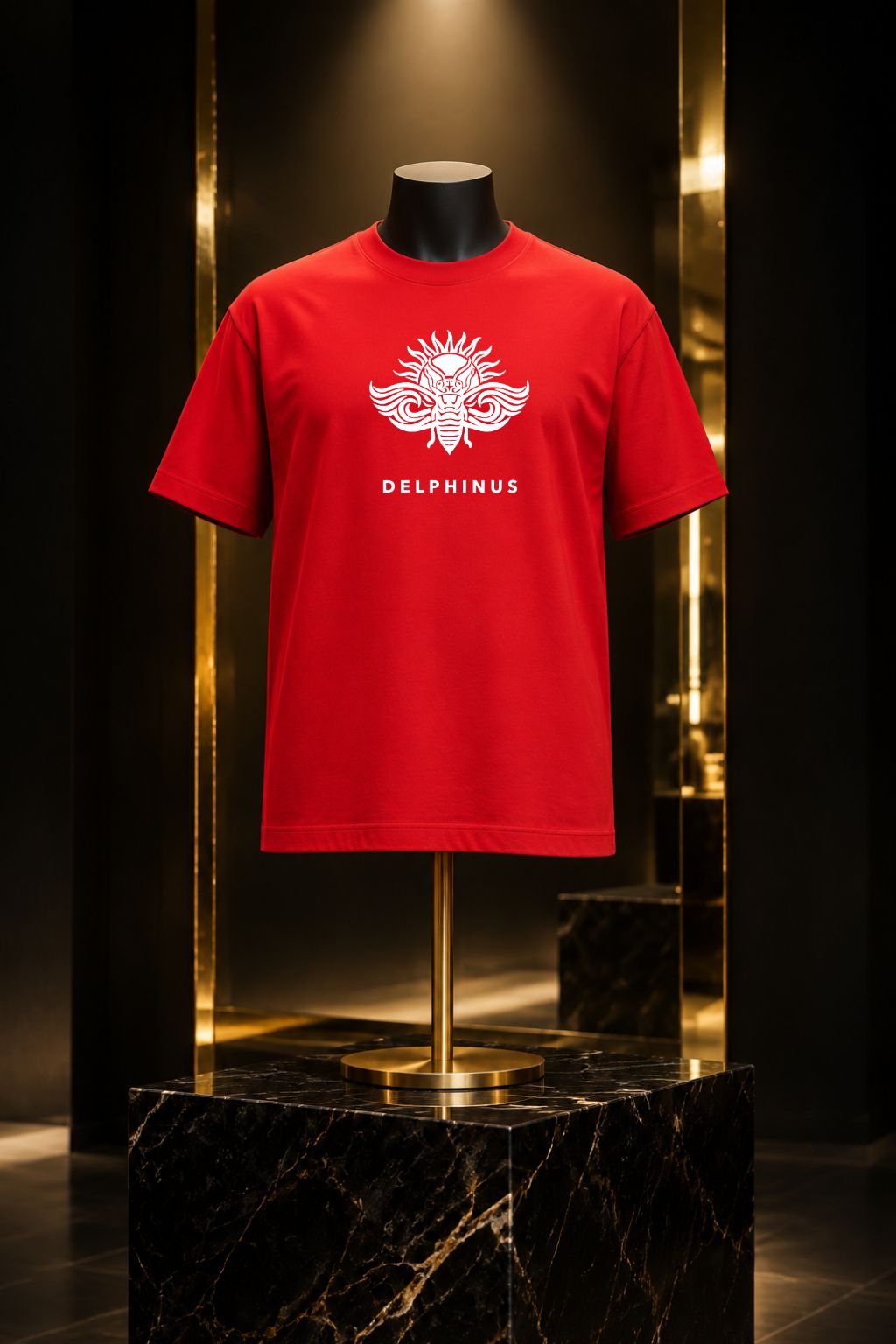 L'INTEMPOREL CURVE – tee-shirt unisexe rouge au logo blanc présenté sur buste, socle de marbre noir, gros plan de la maille en coton bio, DELPHINUS