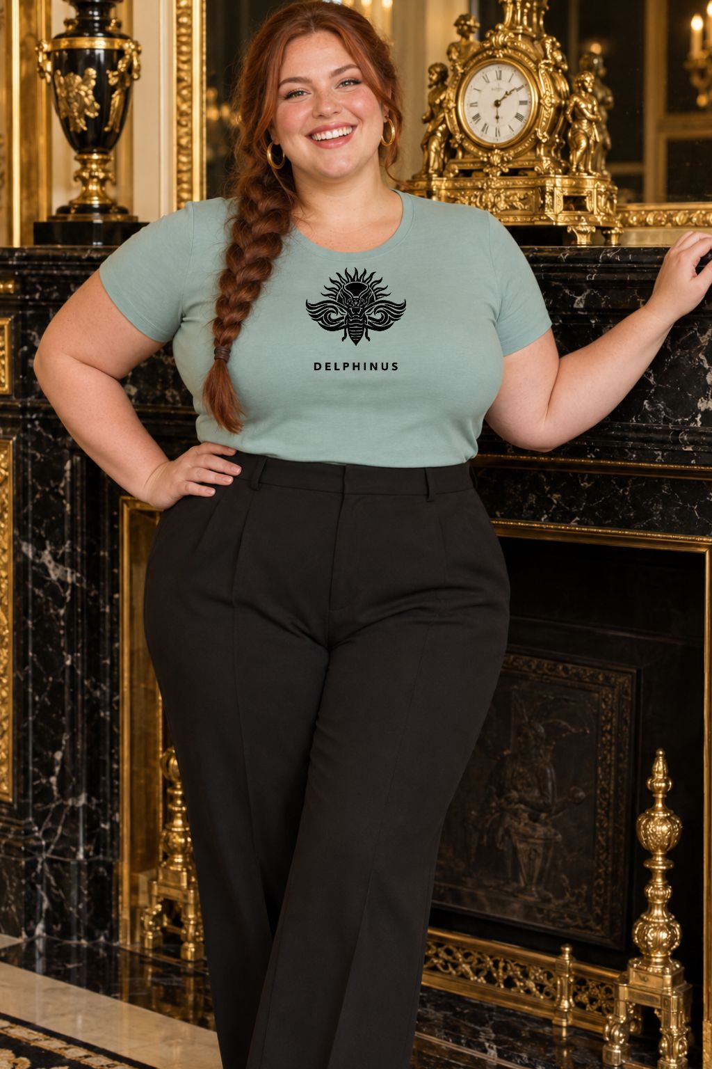 LE PROVENÇAL CURVE – femme curve portant le tee-shirt unisexe vert sauge au logo noir avec un pantalon noir, cheminée de marbre noir, ambiance premium, DELPHINUS