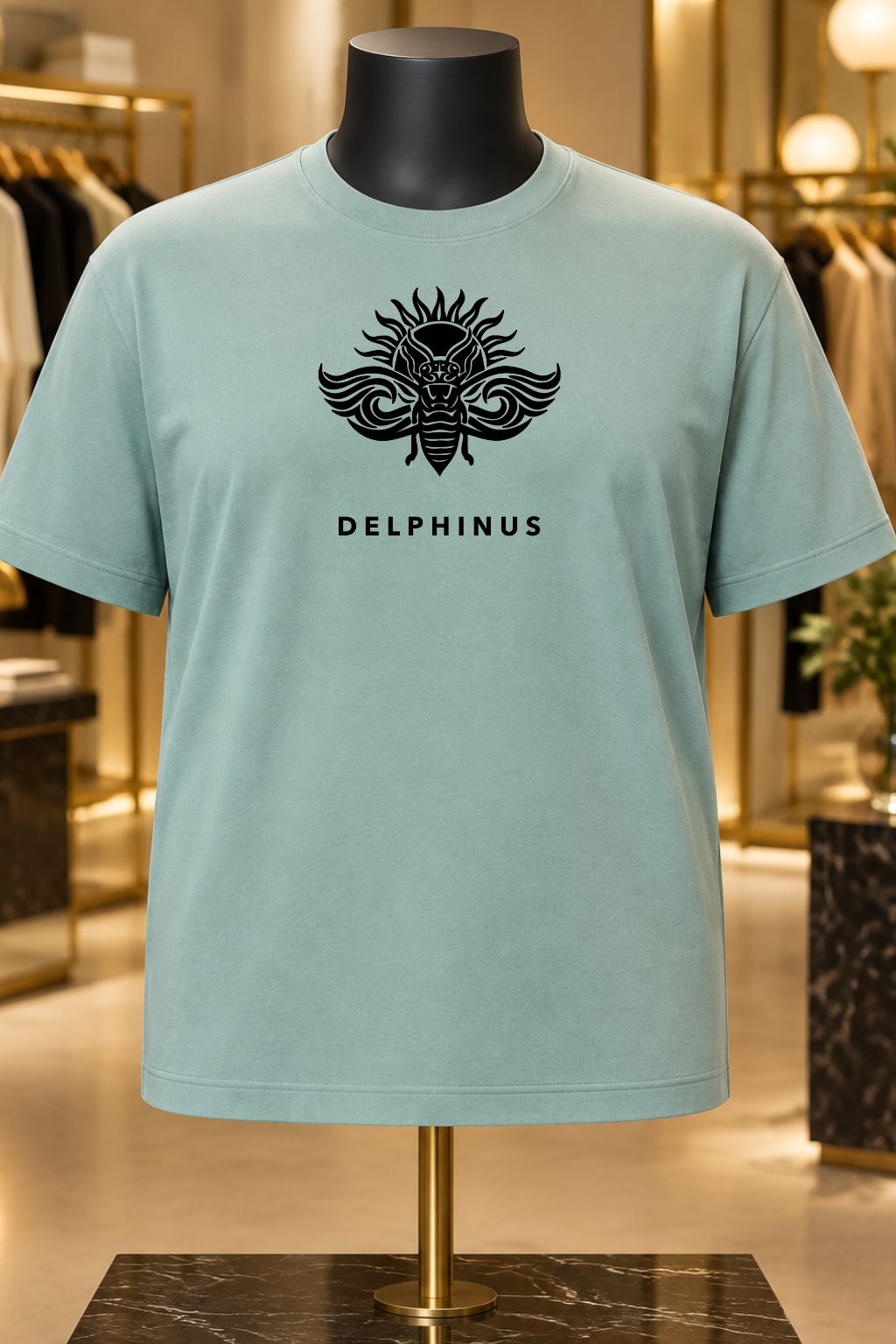 LE PROVENÇAL CURVE – tee-shirt unisexe vert sauge au logo noir présenté sur buste de mannequin, boutique premium, gros plan de la maille en coton bio, DELPHINUS