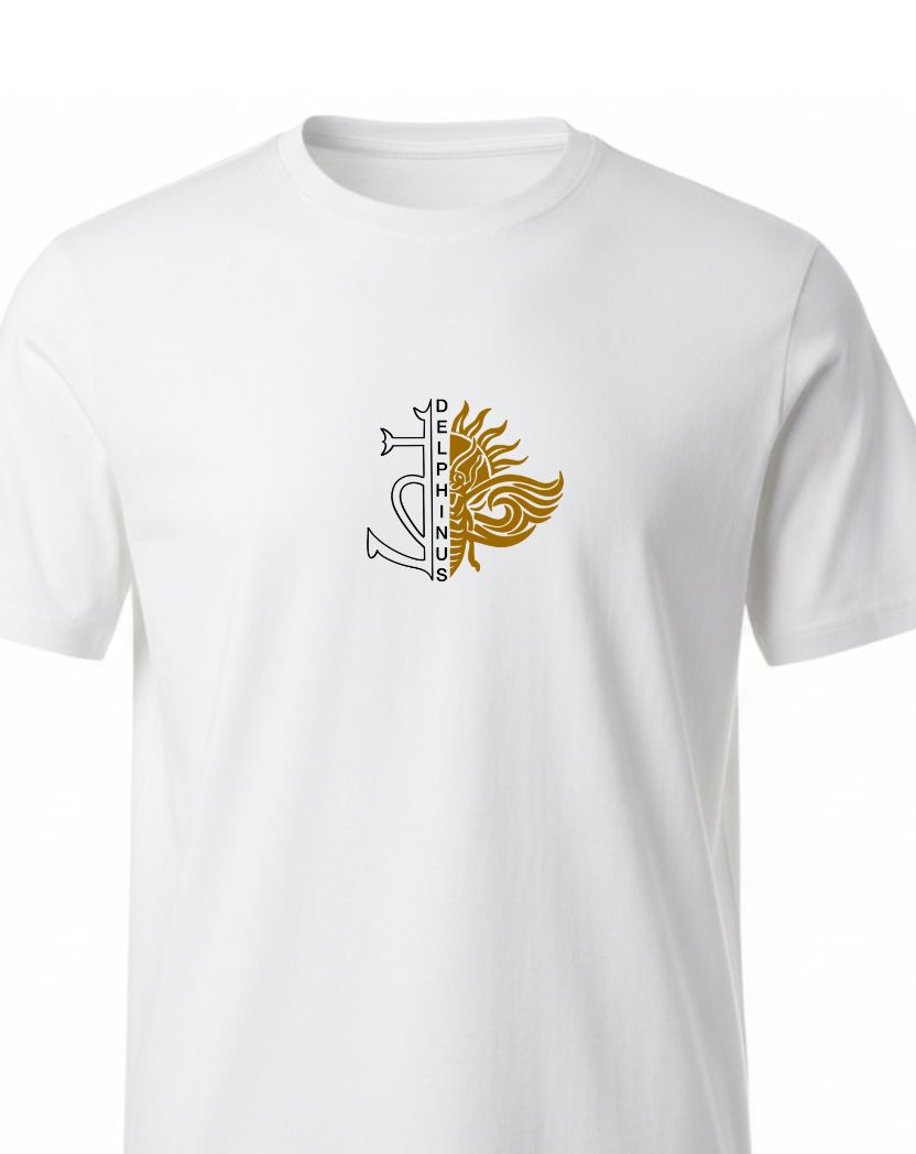 LE CAMARGUAIS CURVE – t-shirt collector grandes tailles blanc Croix Camarguaise cigale dorée DELPHINUS, coupe curve fond blanc