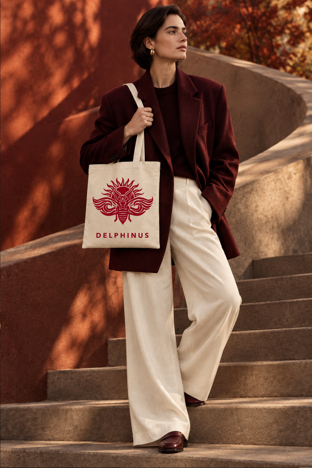 LE CAPTIVANT – femme en blazer bordeaux et pantalon écru portant le tote bag en toile blanc cassé au logo cigale rouge sur un escalier courbe aux feuillages d'automne, DELPHINUS