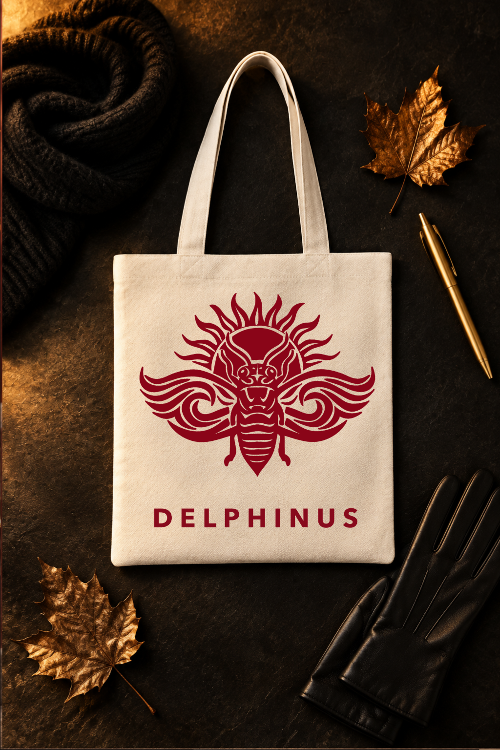 LE CAPTIVANT – tote bag en toile blanc cassé au logo cigale rouge à plat sur fond noir, maille noire, gants de cuir, stylo doré et feuilles d'automne, DELPHINUS