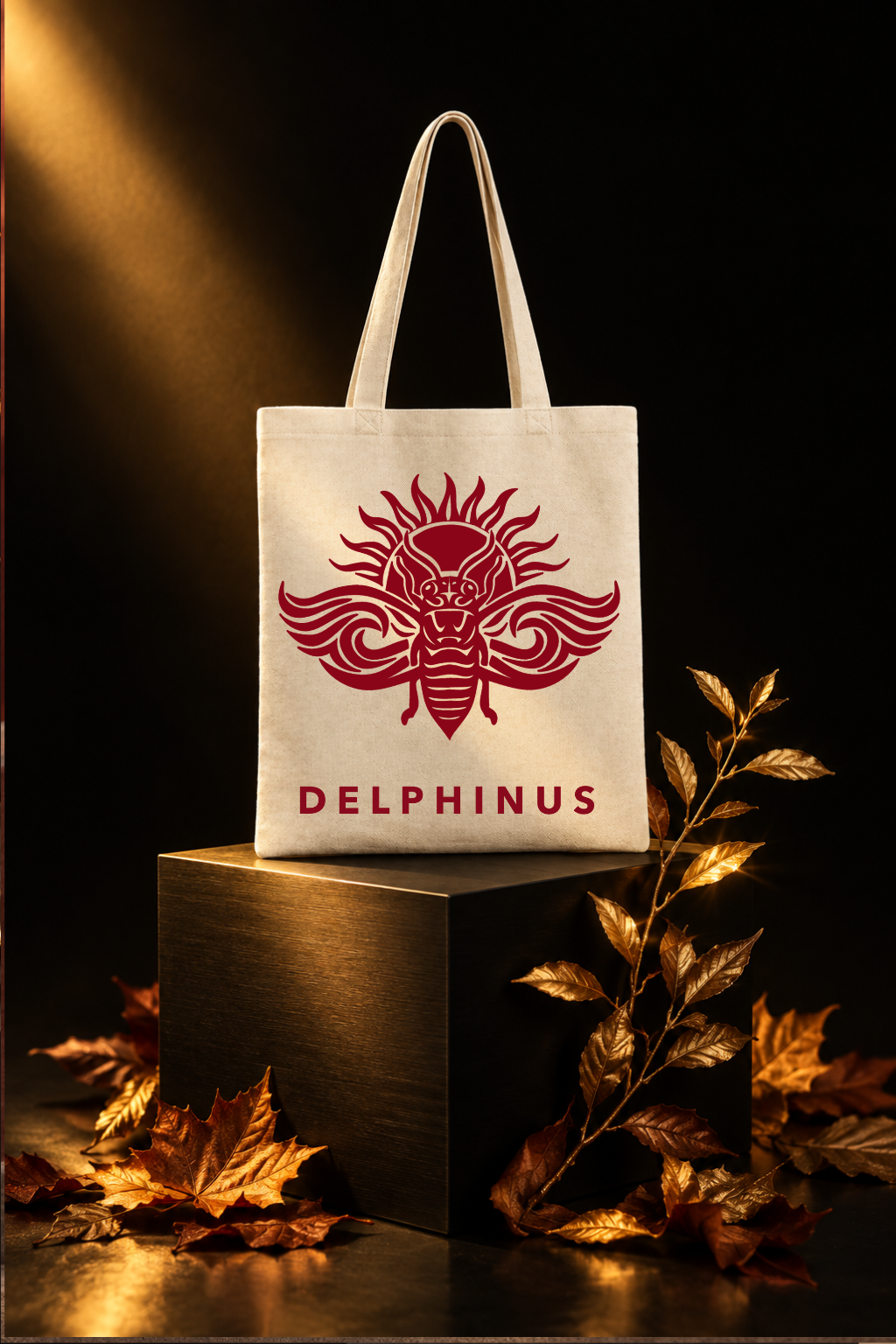 LE CAPTIVANT – tote bag en toile blanc cassé au logo cigale rouge posé sur un cube doré, feuillage bronze et lumière dorée sur fond noir, DELPHINUS