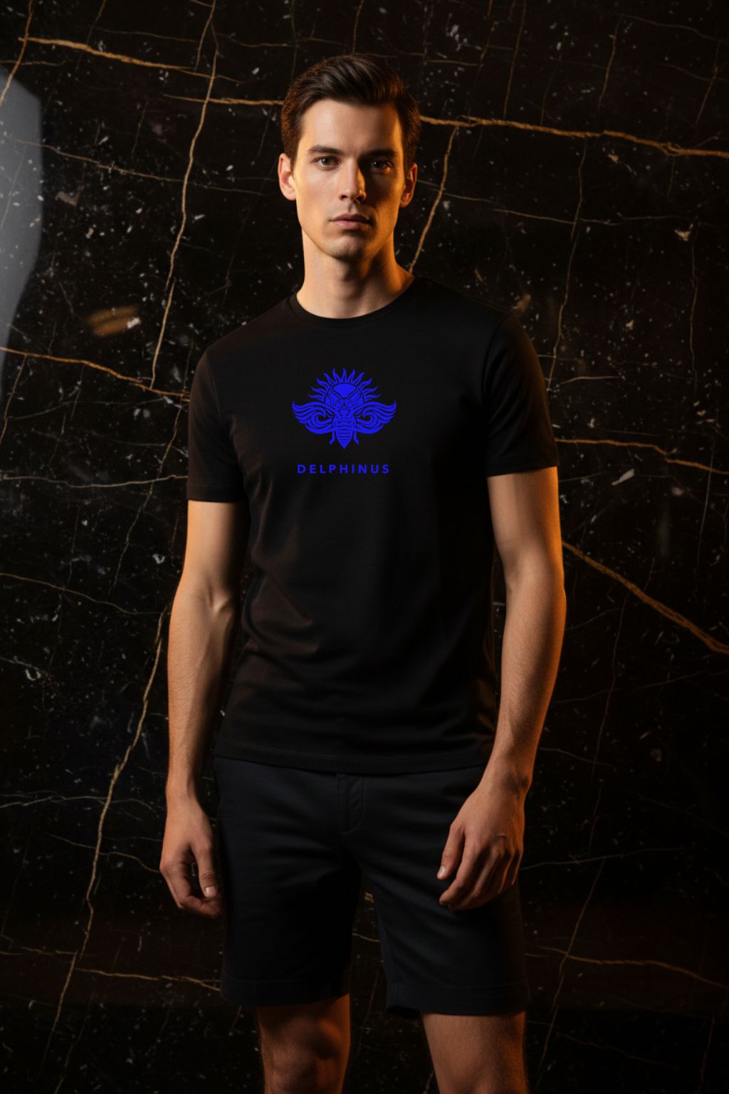 LA LIBERTÉ – T-shirt unisexe noir logo bleu DELPHINUS, jeune homme décontracté, ambiance premium marbre noir et or, short et tenue estivale moderne, DELPHINUS