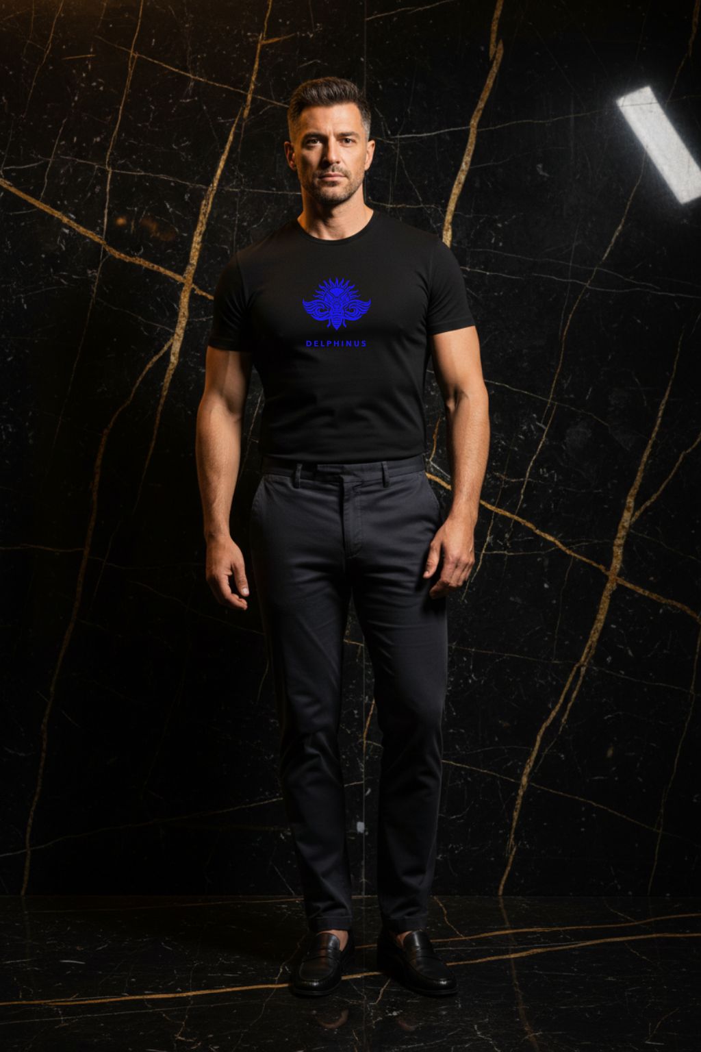 LA LIBERTÉ – T-shirt unisexe noir logo bleu DELPHINUS, homme élégant et décontracté, ambiance premium marbre noir et or, pantalon chino moderne, DELPHINUS