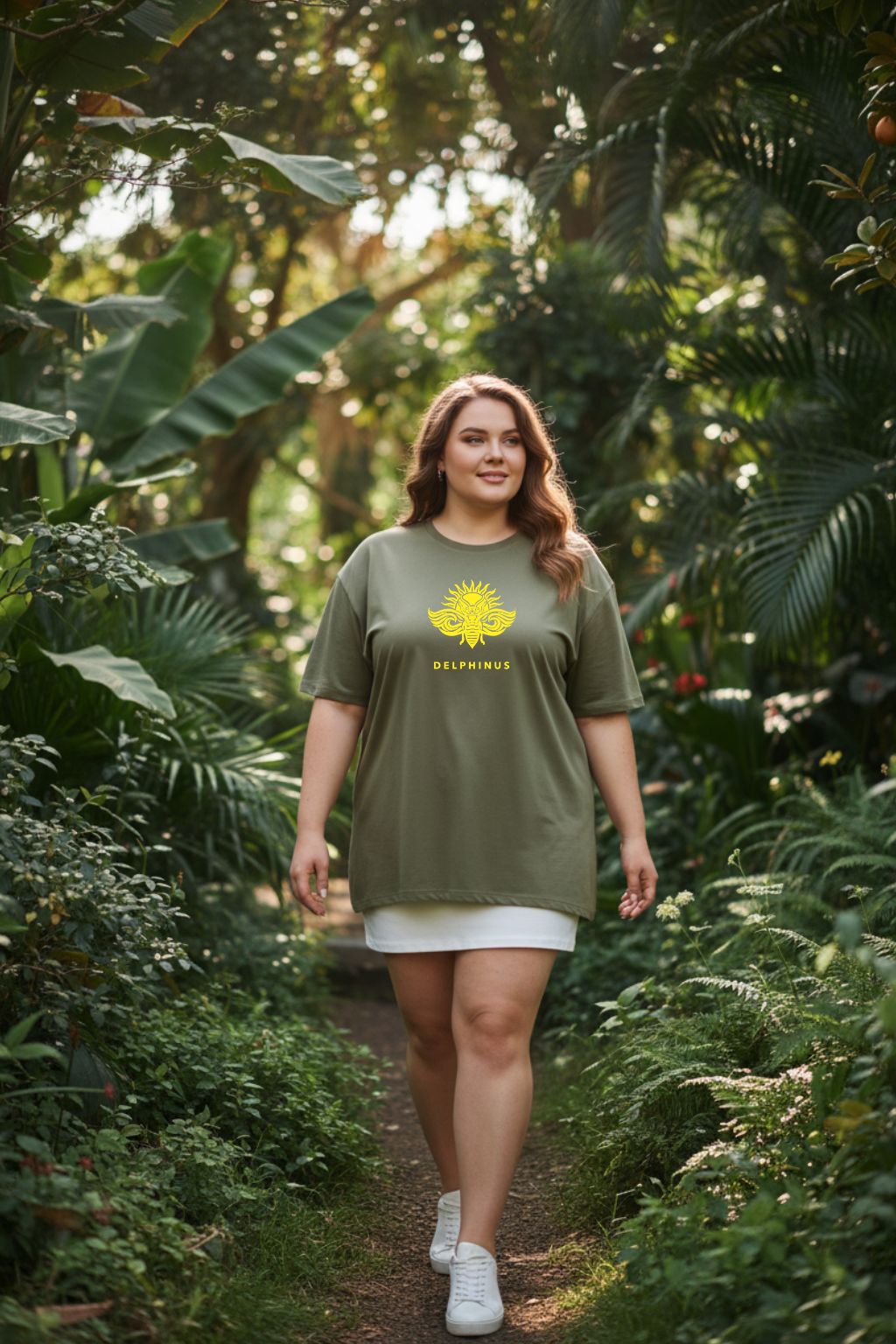 LE REBELLE CURVE – T-shirt unisexe kaki logo jaune DELPHINUS, jeune femme curve naturelle et élégante, jardin verdoyant lumière naturelle, jupe blanche courte et sneakers, DELPHINUS