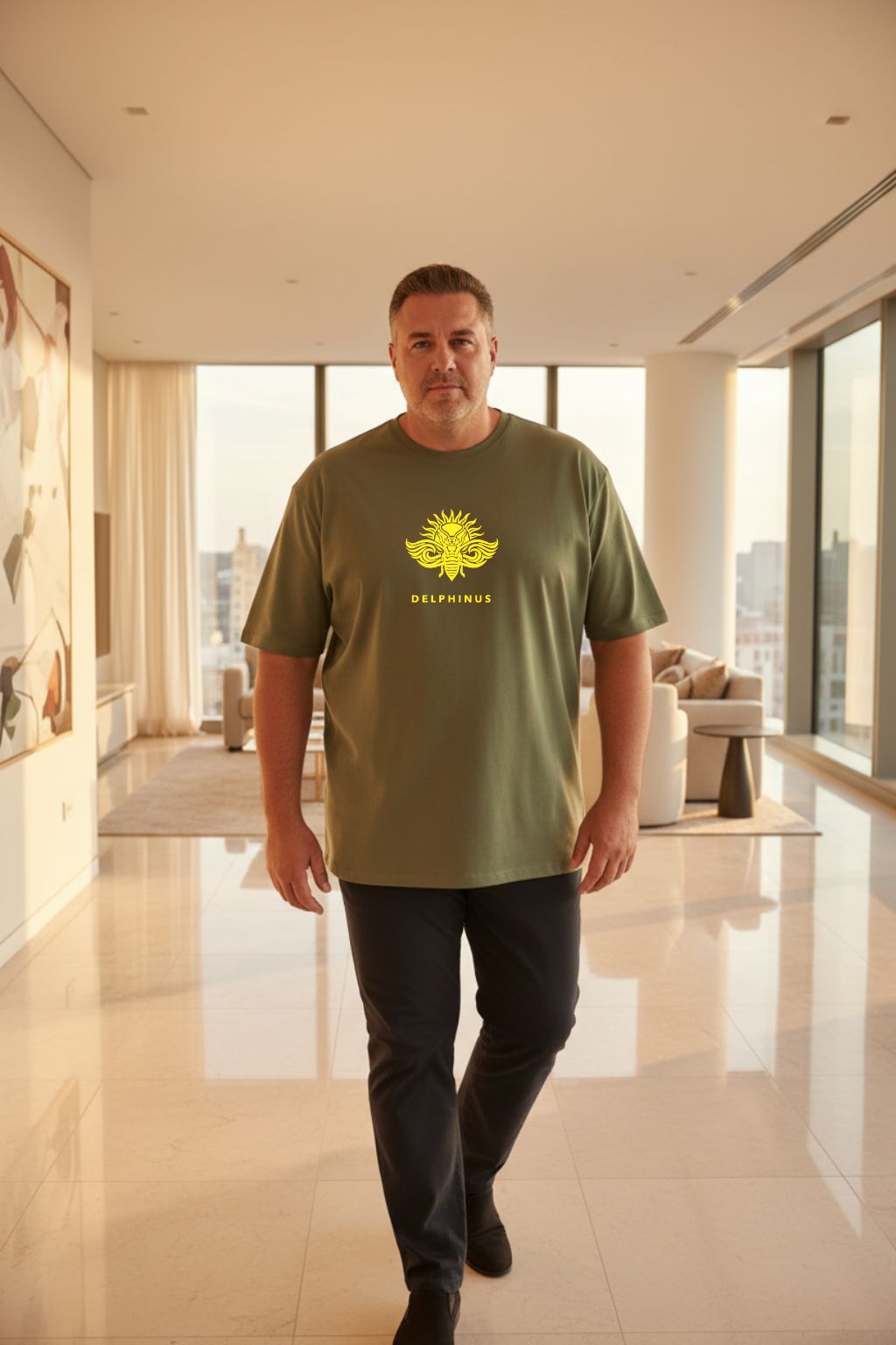 LE REBELLE CURVE – T-shirt unisexe kaki logo jaune DELPHINUS, homme curve mature et distingué, marché provençal ensoleillé, short chino beige et loafers, DELPHINUS