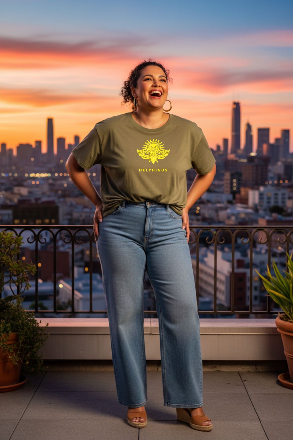LE REBELLE CURVE – T-shirt unisexe kaki logo jaune DELPHINUS, femme curve élégante, terrasse chic lumière dorée, pantalon blanc lin et sandales dorées, DELPHINU