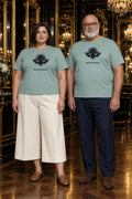 LE PROVENÇAL CURVE – couple curve souriant portant le tee-shirt unisexe vert sauge au logo noir, salon aux miroirs dorés, ambiance premium, DELPHINUS