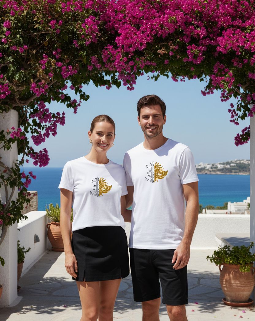 LE CAMARGUAIS – t-shirt collector unisexe blanc Croix Camarguaise cigale dorée DELPHINUS, couple terrasse bougainvilliers été, DELPHINUS