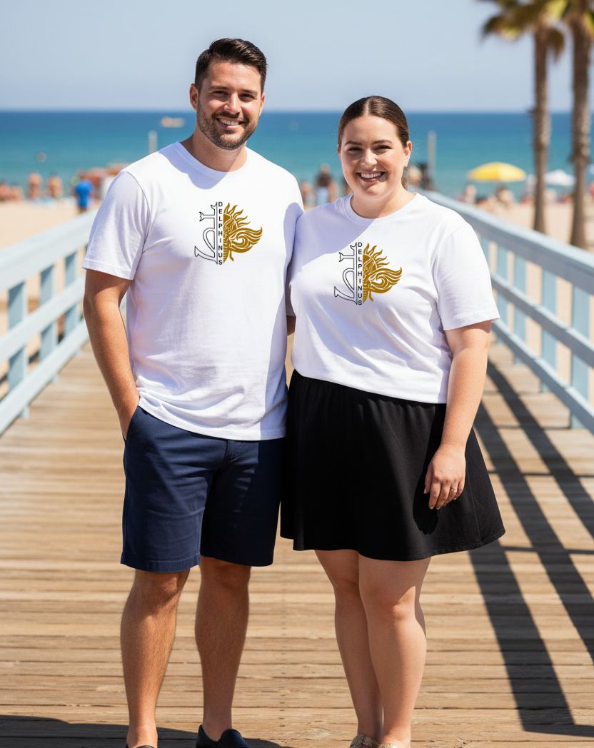 LE CAMARGUAIS CURVE – t-shirt collector grandes tailles blanc Croix Camarguaise cigale dorée DELPHINUS, couple homme short marine femme jupe noire bord de mer, DELPHINUS