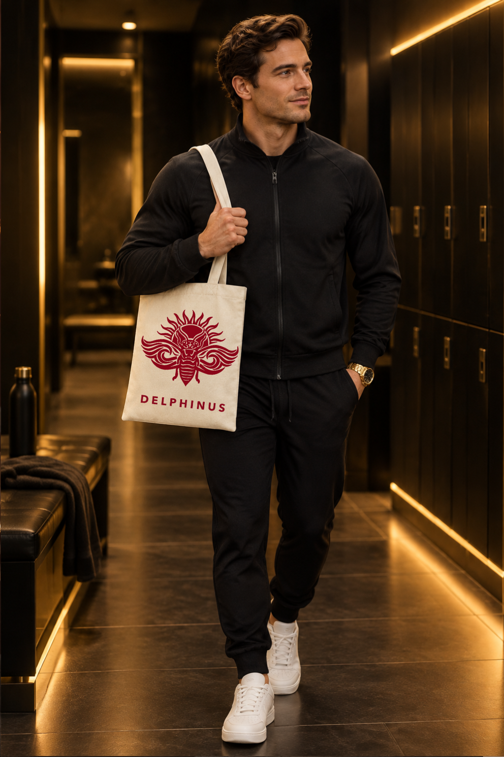 LE CAPTIVANT – homme en tenue de sport noire portant le tote bag en toile blanc cassé au logo cigale rouge dans un vestiaire noir et or, DELPHINUS
