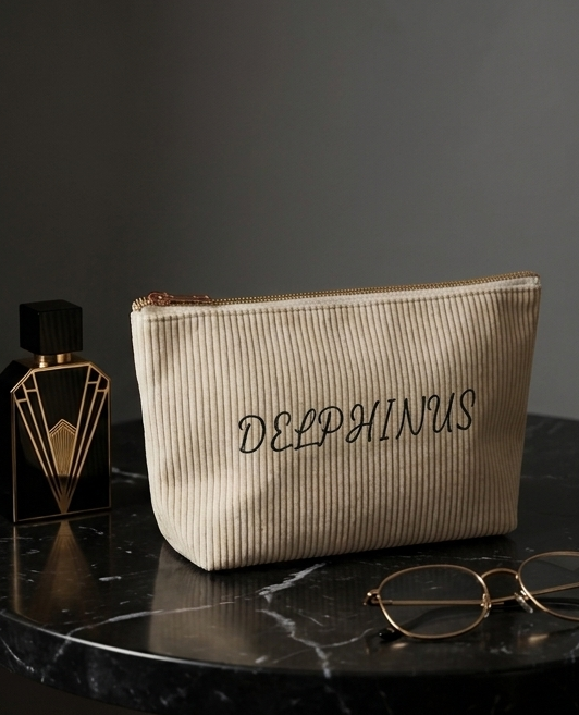 Trousse côtelée beige Le Nocturne DELPHINUS sur table marbre noir avec parfum Art Déco et lunettes dorées, ambiance masculine élégante, accessoire lifestyle luxe