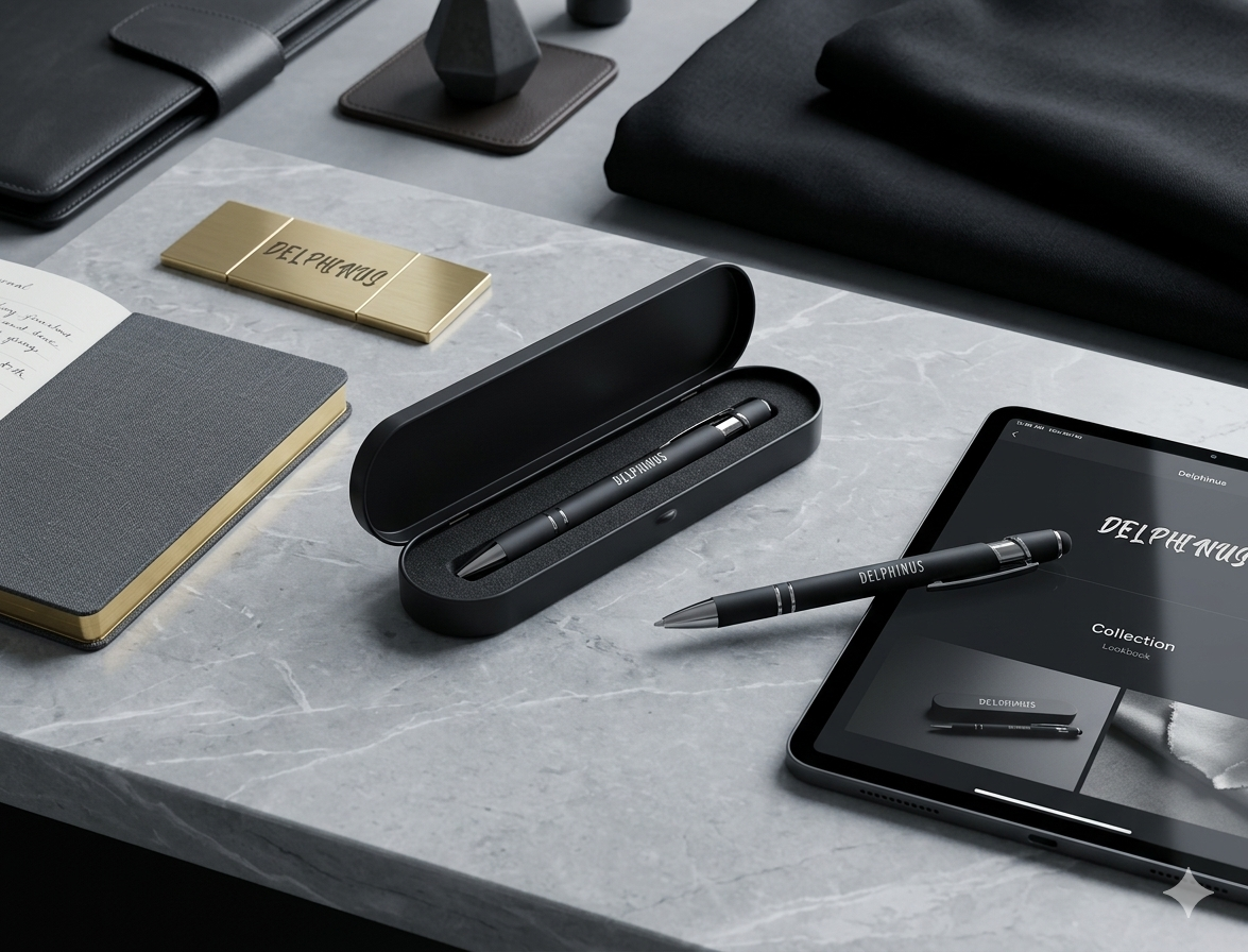 L'Auteur — Stylo DELPHINUS et son écrin ouvert, mise en scène bureau luxe