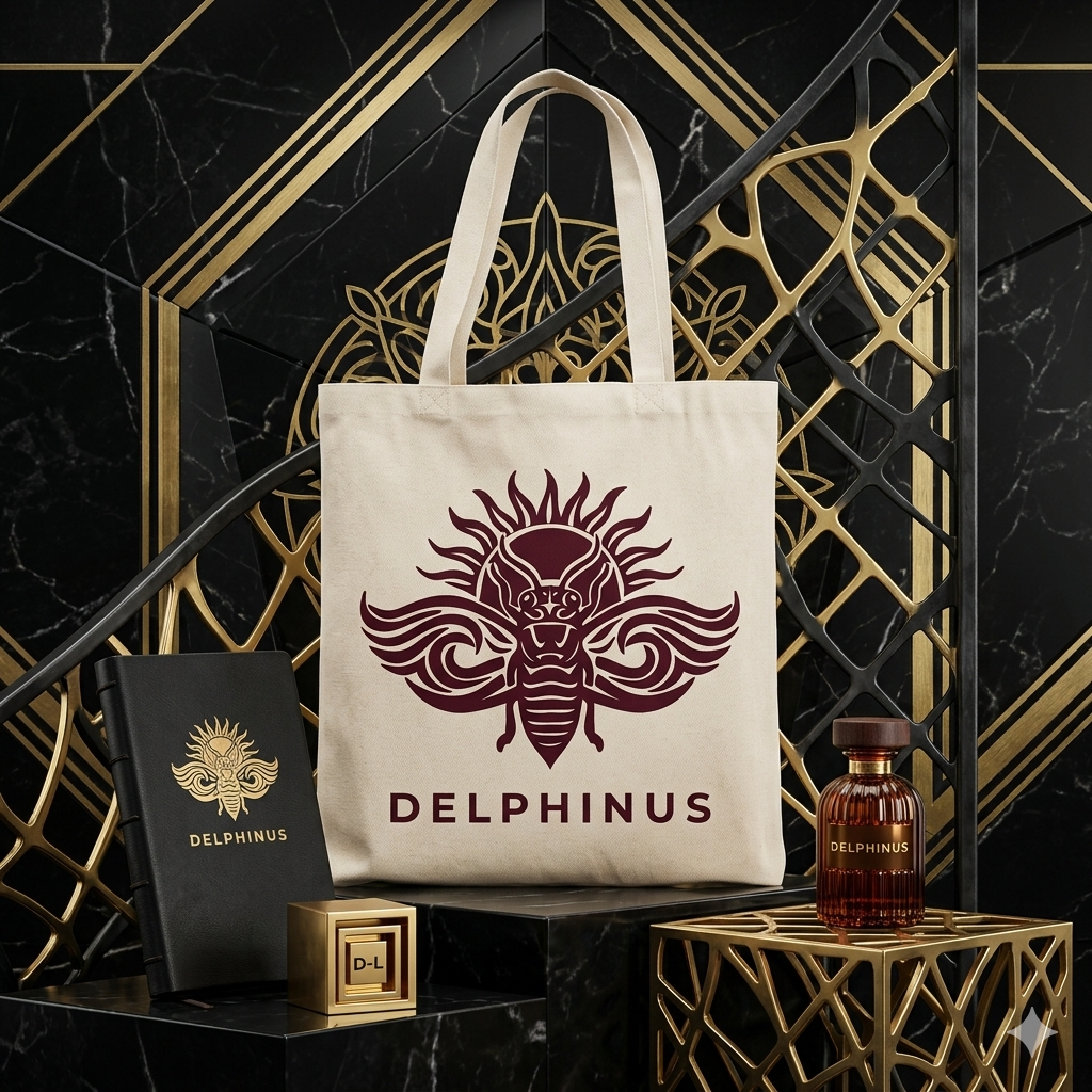 Tote bag LA DUNE DELPHINUS — toile blanc cassé, logo cigale chocolat — mise en scène marbre noir et or