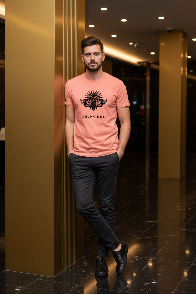 T-shirt LE Solaire DELPHINUS — homme seul en t-shirt Light Corail dans un lobby moderne, ambiance urbaine et premium
