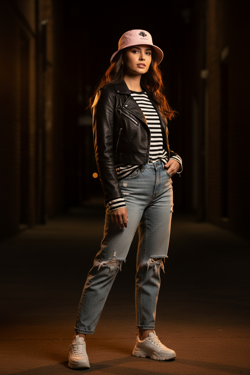 Portée femme :

La Féria — Bob rose DELPHINUS porté par une jeune femme en tenue moderne, logo cigale noir visible sur le devant, style lifestyle premium, lumière dorée dramatique