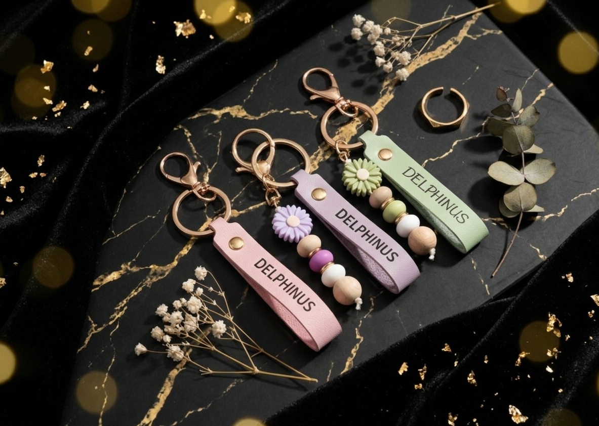 Le Pétale — Les 3 coloris Rose, Lilas et Vert Sauge — Bijoux de sac DELPHINUS, lanières cuir gravées DELPHINUS, quincaillerie dorée, sur marbre noir et or avec velours et bokeh doré