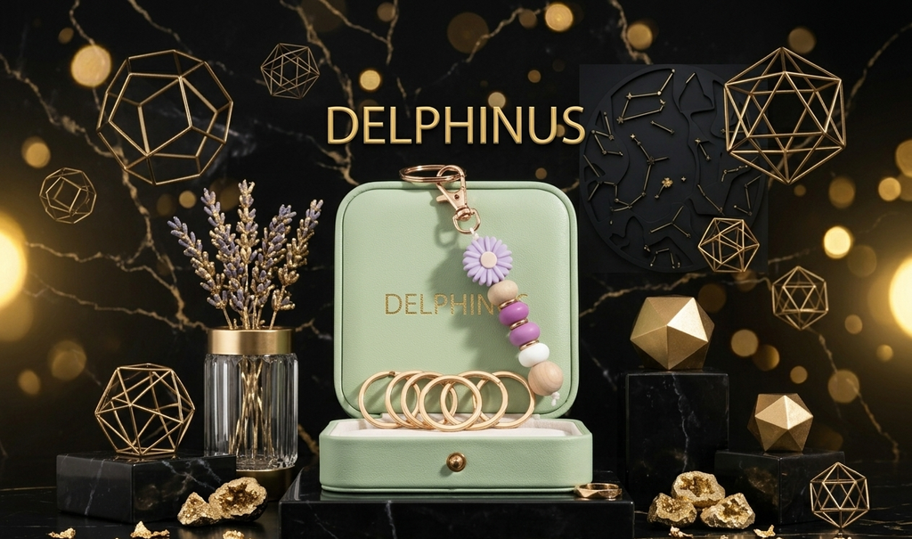 Le Pétale Lilas — Bijou de sac DELPHINUS, fleur marguerite lavande, perles colorées, lanière cuir gravée DELPHINUS, présenté dans son écrin vert sauge, mise en scène luxe fond marbre noir et or