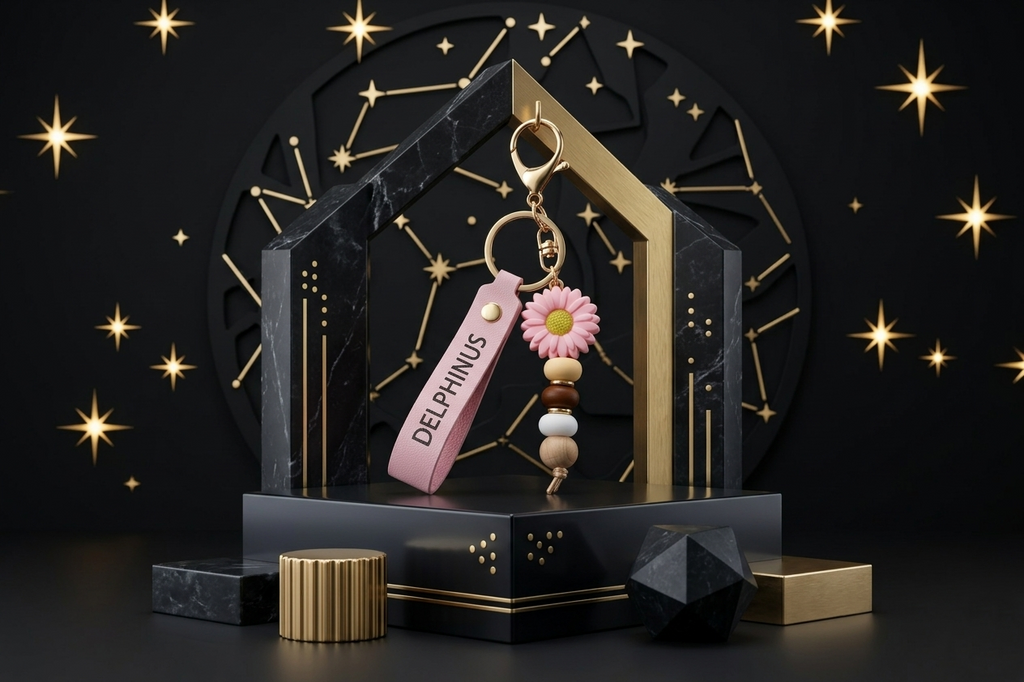 Le Pétale Rose — Bijou de sac DELPHINUS, fleur marguerite rose, perles naturelles, lanière cuir gravée DELPHINUS, quincaillerie dorée, mise en scène luxe fond noir constellations dorées