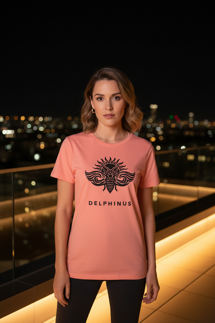 T-shirt La Solaire DELPHINUS — femme seule en t-shirt Light Corail sur un rooftop, vue panoramique, mise en scène premium