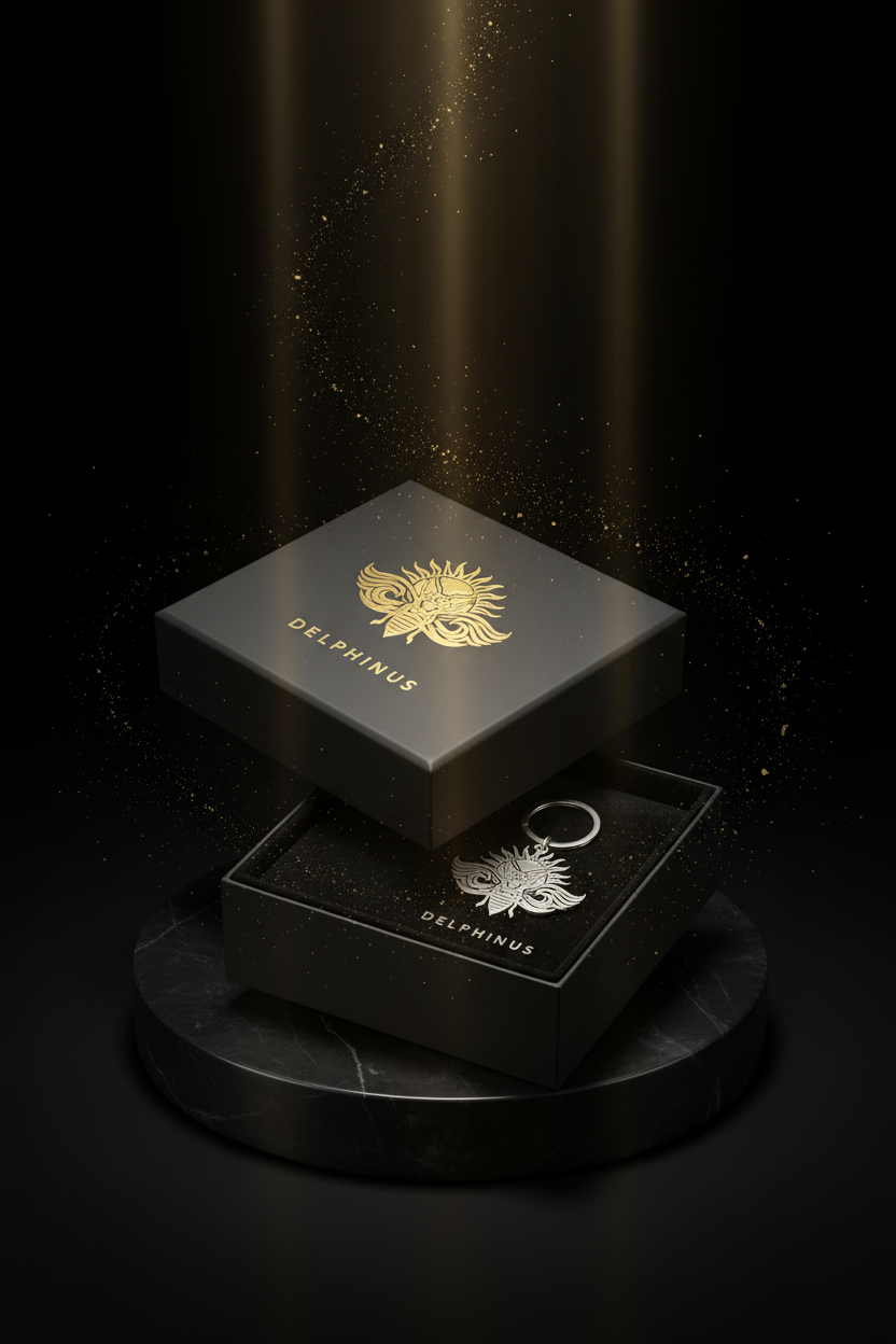 
Écrin Cadeau DELPHINUS — boîte noire mate logo or cigale, porte-clé DELPHINUS présenté dans son coffret, lumière dorée dramatique