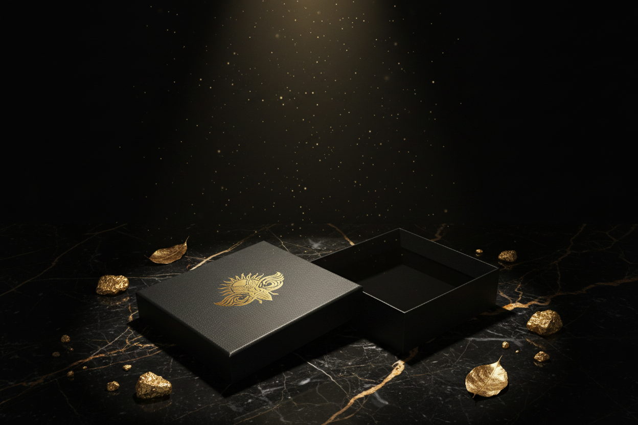 Écrin Cadeau DELPHINUS ouvert — intérieur velours noir, boîte noire mate logo cigale or, présentation luxe sur marbre noir