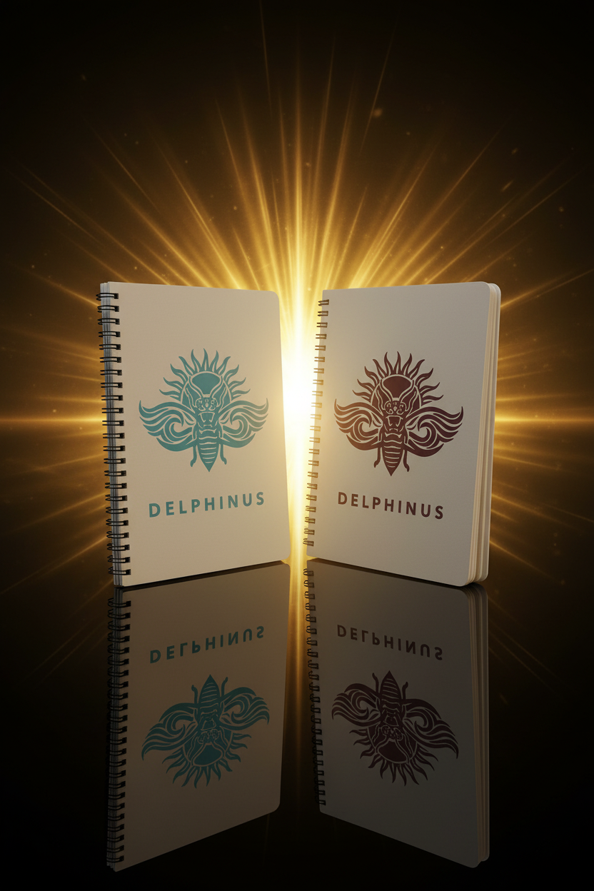 Carnet A5 DELPHINUS, duo bordeaux et bleu turquoise, mise en scène spectaculaire fond noir et or
