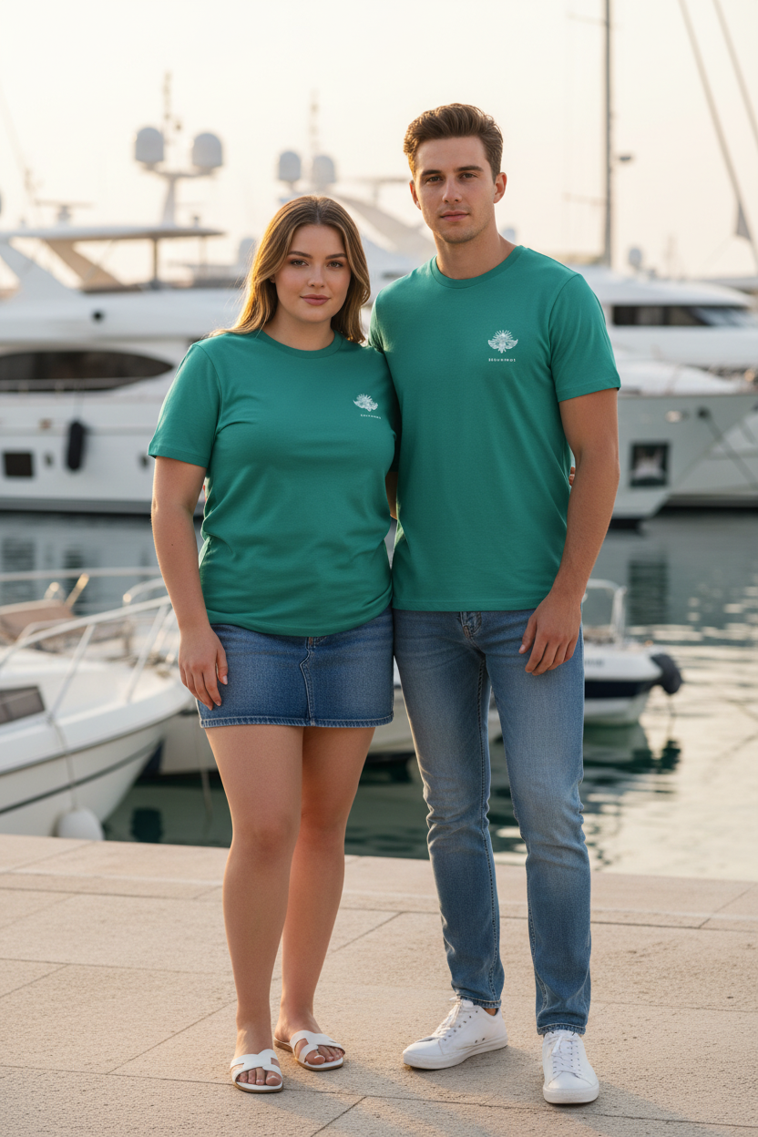 LA LAGUNE CURVE – T-shirt unisexe vert Peacock Green logo cigale blanc, jeune couple curve complice, marina Côte d'Azur lumière dorée, DELPHINUS