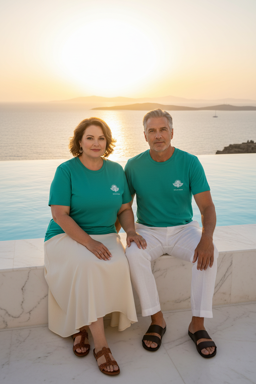 LA LAGUNE CURVE – T-shirt unisexe vert Peacock Green logo cigale blanc, couple curve élégant, piscine à débordement hôtel 5 étoiles Méditerranée, DELPHINUS