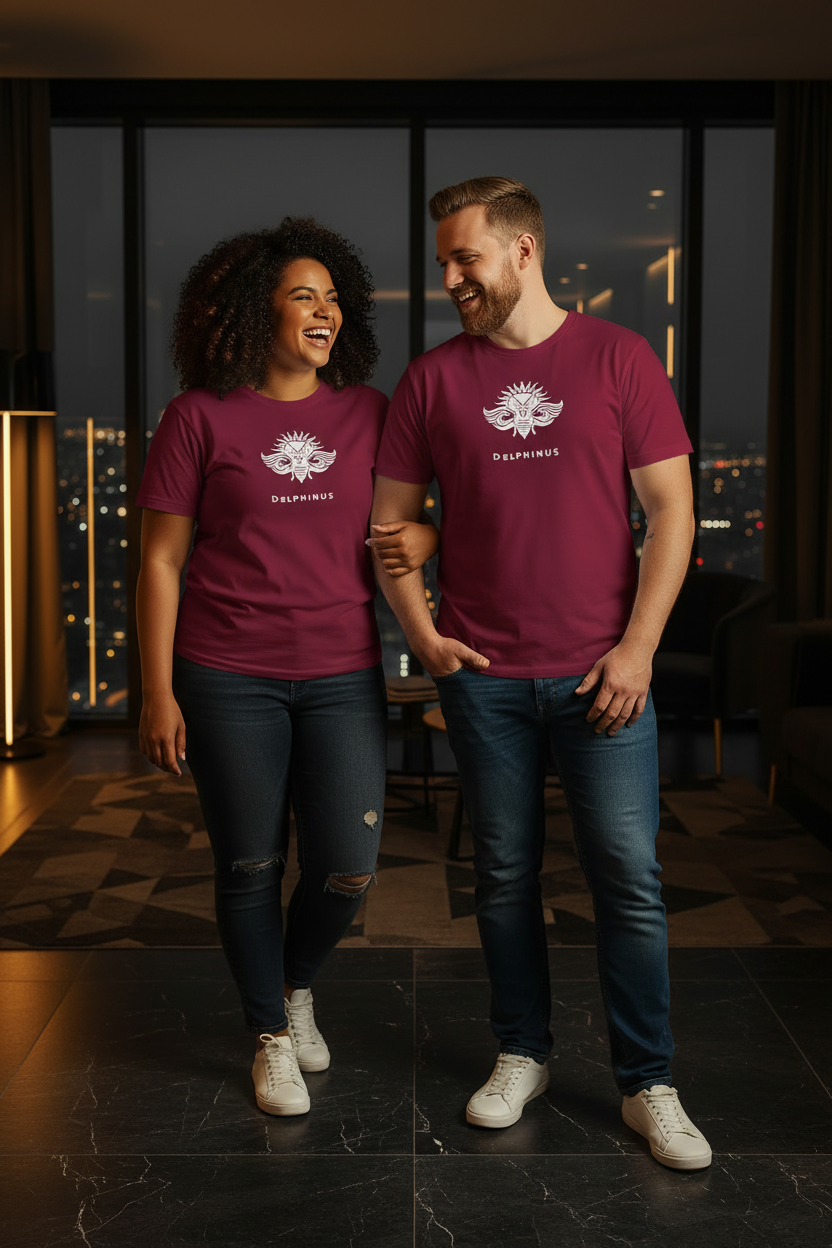 Couple 20/25 ans, marbre noir et or Jeune couple curve portant L'Absolu — T-shirts unisexe DELPHINUS bordeaux logo blanc cigale, intérieur luxe marbre noir et or, lumière dorée