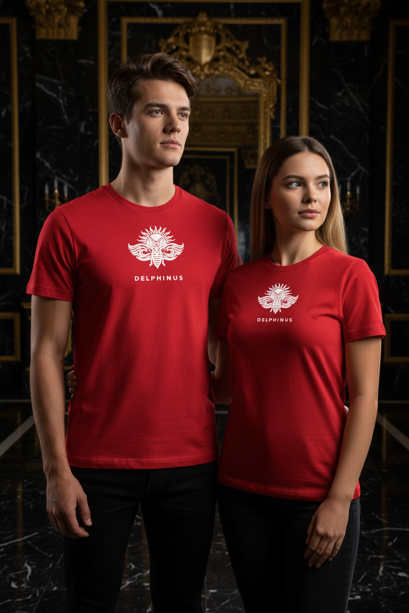 L'INTEMPOREL DELPHINUS – T-shirt unisexe bordeaux & logo blanc, couple jeune côte à côte, coton bio certifié GOTS
