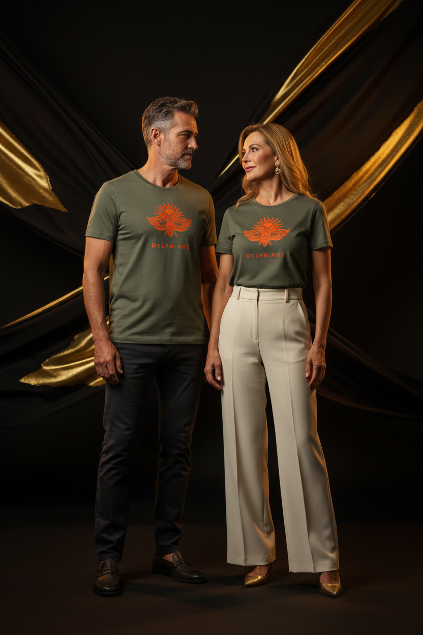 T-shirt L'Instinct DELPHINUS — Kaki & Logo Orange — Couple élégant 50-60 ans