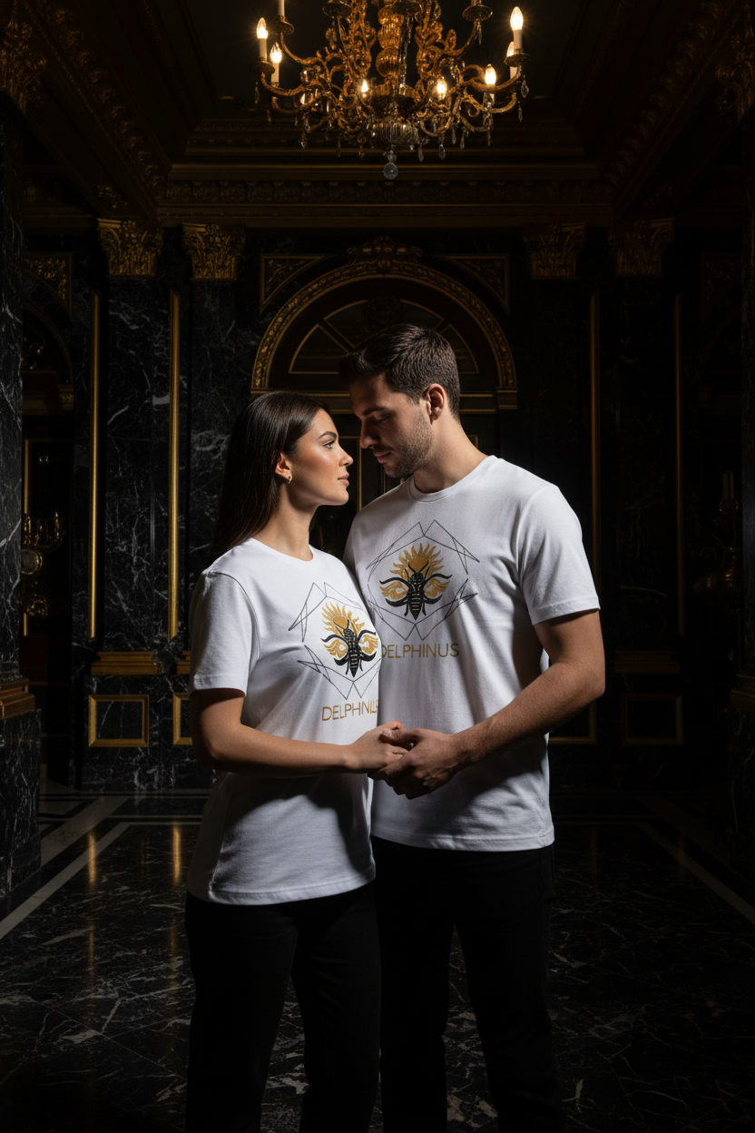 LE DELPHINUS – T-shirt unisexe blanc logo cigale noir et or, pièce maîtresse DELPHINUS, édition premium
