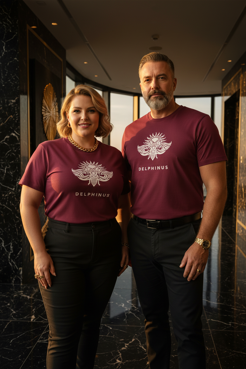 Couple 35/45 ans, penthouse noir et or Couple élégant curve portant L'Absolu — T-shirts unisexe DELPHINUS bordeaux logo blanc cigale, penthouse luxe noir et or, lumière dorée dramatique