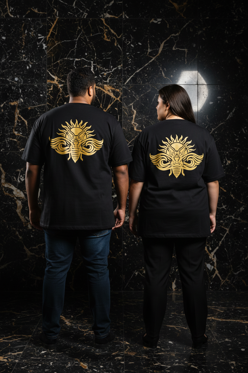 LE SIGNATURE CURVE – T-shirt unisexe oversize noir logo cigale doré, couple curve de dos, ambiance luxe marbre noir et or, DELPHINUS