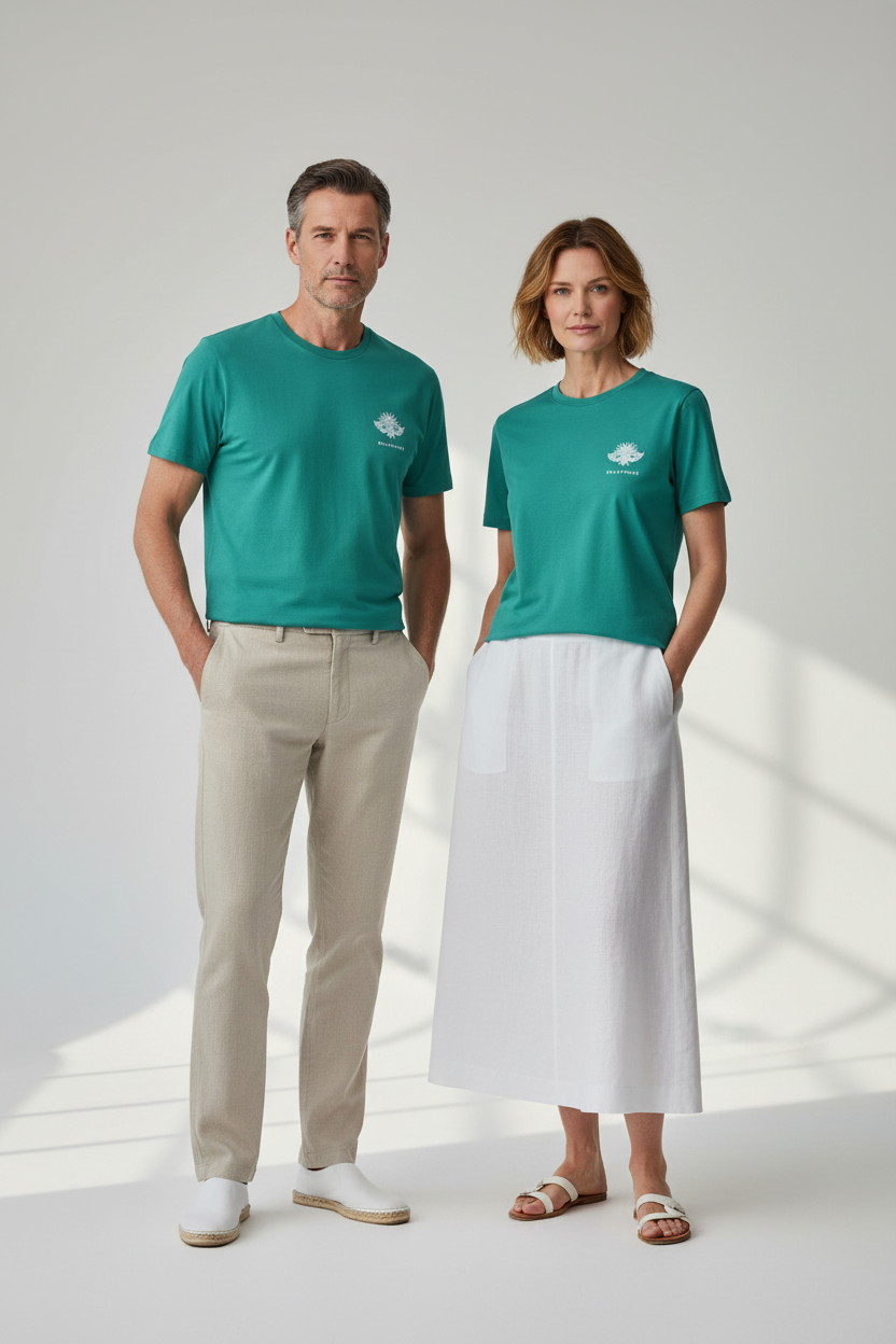 LA LAGUNE – T-shirt unisexe vert Peacock Green logo cigale blanc, couple élégant, village côtier chic Sud de France, DELPHINUS