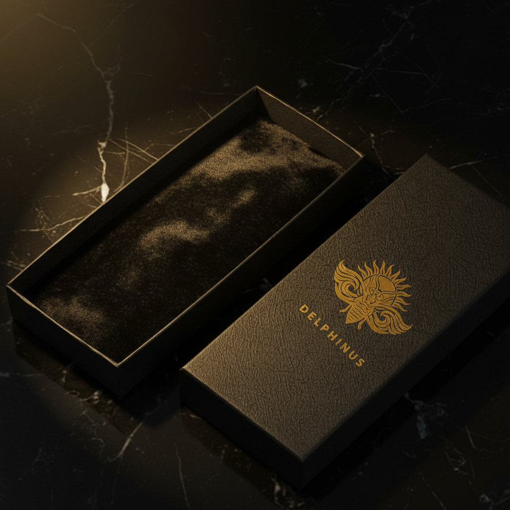 Écrin Cadeau DELPHINUS ouvert — intérieur velours noir, boîte noire mate logo cigale or, présentation luxe packaging premium bijou de sac