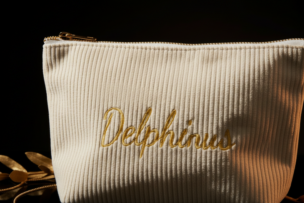Gros plan texture côtelée ivoire de la trousse L'Aurore DELPHINUS, broderie script Delphinus en fil d'or, détail matière premium éclairage doré