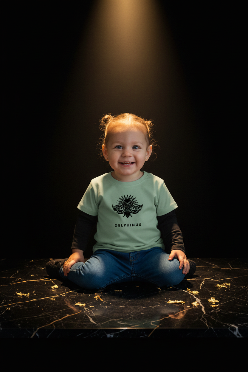 T-shirt enfant L'Espiègle DELPHINUS – Vert Sauge & Logo Noir – photo éditoriale premium