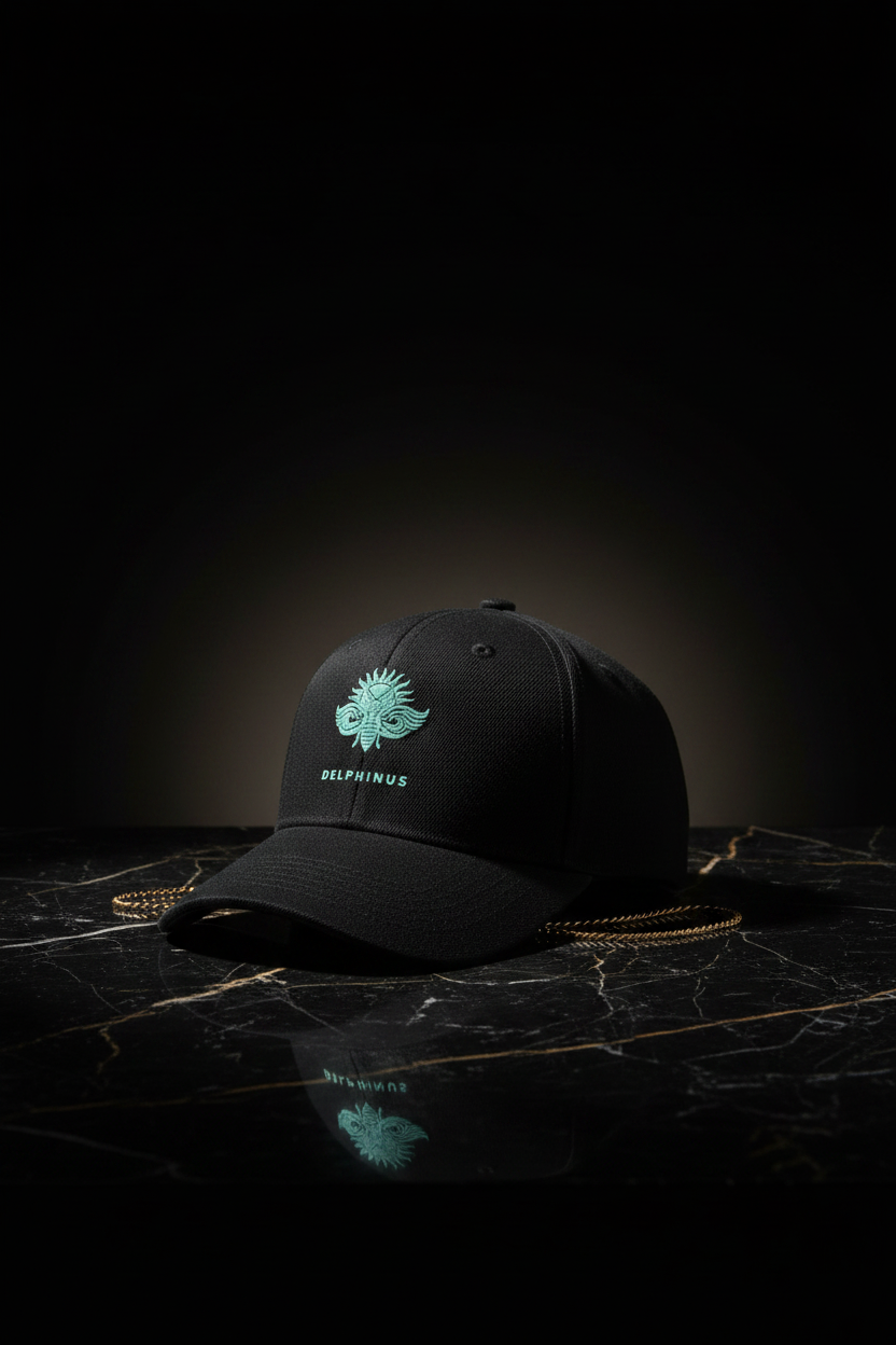 La Divine – Casquette noire logo turquoise DELPHINUS brodé, vue trois-quarts, marbre noir et or, ambiance premium