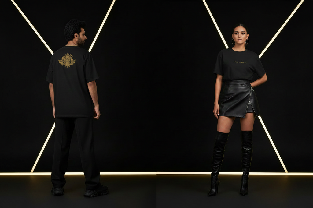 DUO-SIGNATURE-OVERSIZE NOIR+ OR-1  HOMME 30ANS DE DOS+ 1 FEMME DE FACE +DECOR MODERNE NOIR ET OR 