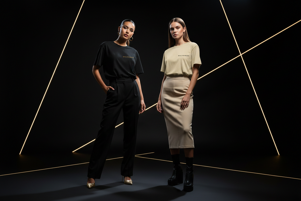 DUO-SIGNATURE-OVERSIZE-SABLE+NOIR-2 JEUNES FEMMES 20ANS DE POSE -MANNEQUINS--DECOR MODERNE NOIR ET OR 